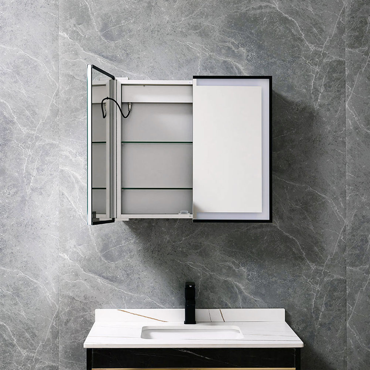 Wall-Mounted Bathroom LED Mirror Cabinet with Adjustable Shelves