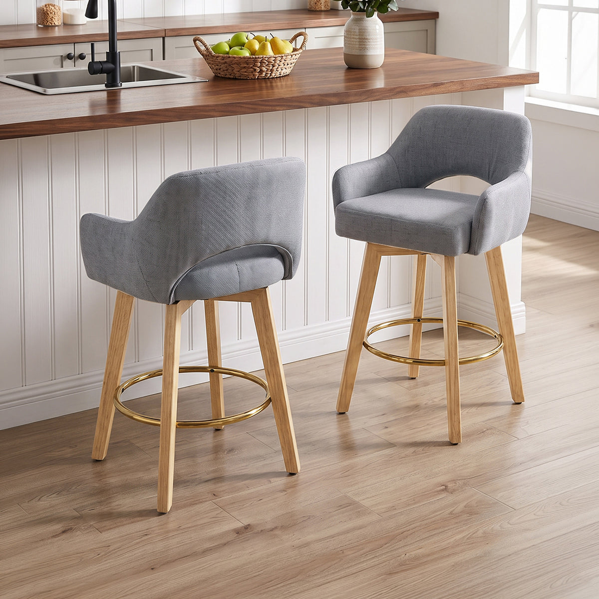 Set of 2 Swivel Chenille Upholstered Bar Stools with Wooden Legs