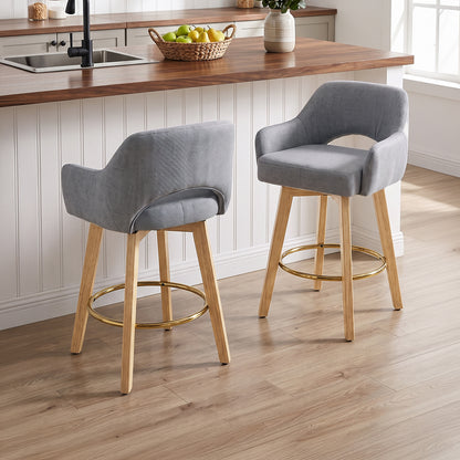 Set of 2 Swivel Chenille Upholstered Bar Stools with Wooden Legs