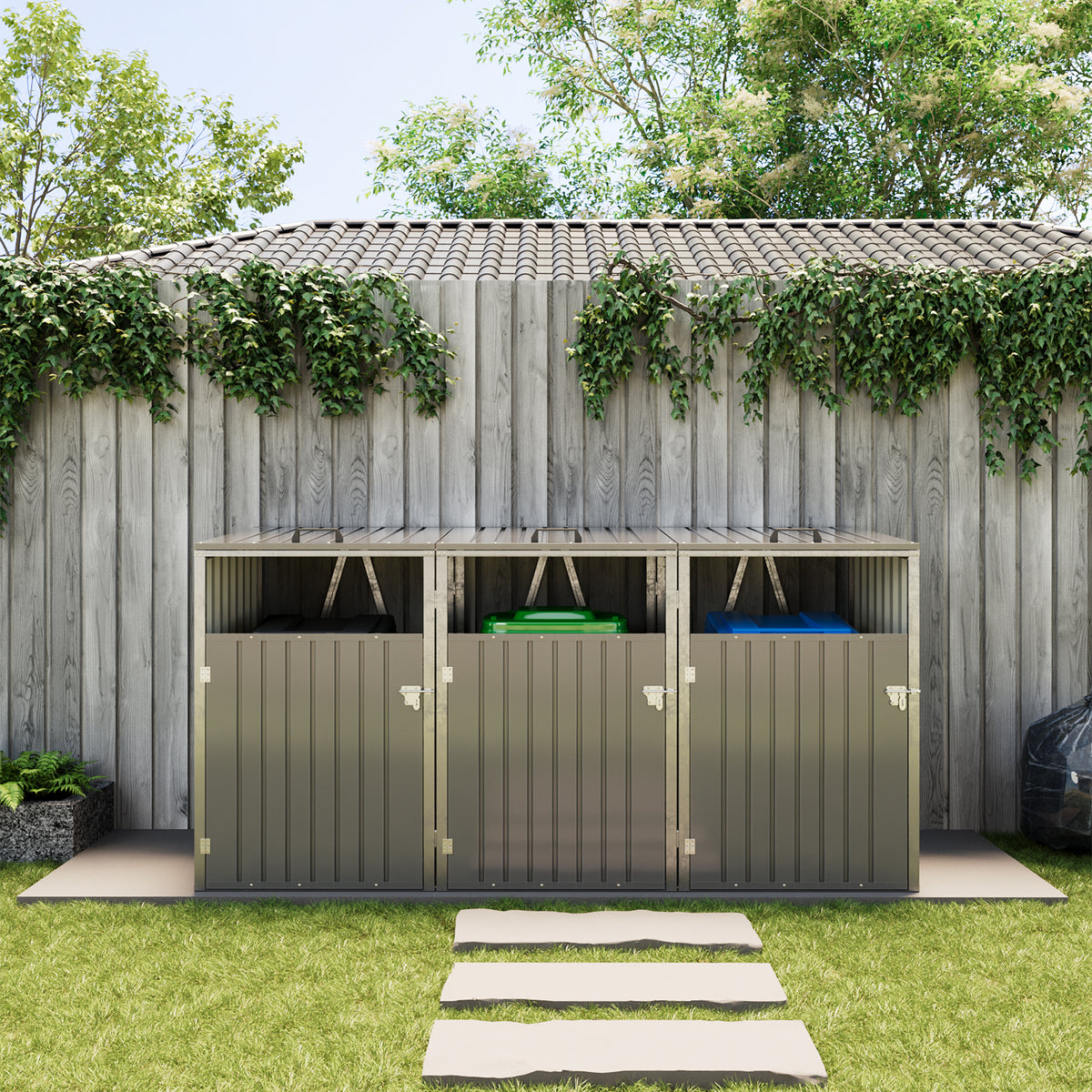 Grey Metal Outdoor Garbage Bin Shed For 3 Trash Bin