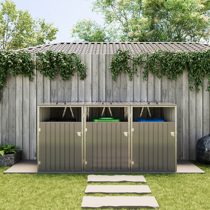 Grey Metal Outdoor Garbage Bin Shed For 3 Trash Bin