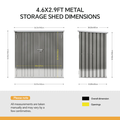 4.6 x 2.9 ft Metal Garden Storage Shed with Pent Roof & Lockable Doors