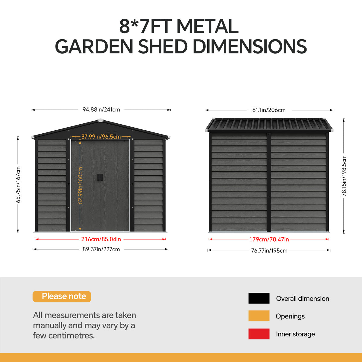 8 x 7 ft Metal Garden Storage Shed with Apex Roof