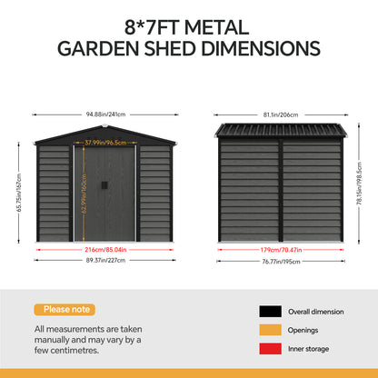 8 x 7 ft Metal Garden Storage Shed with Apex Roof