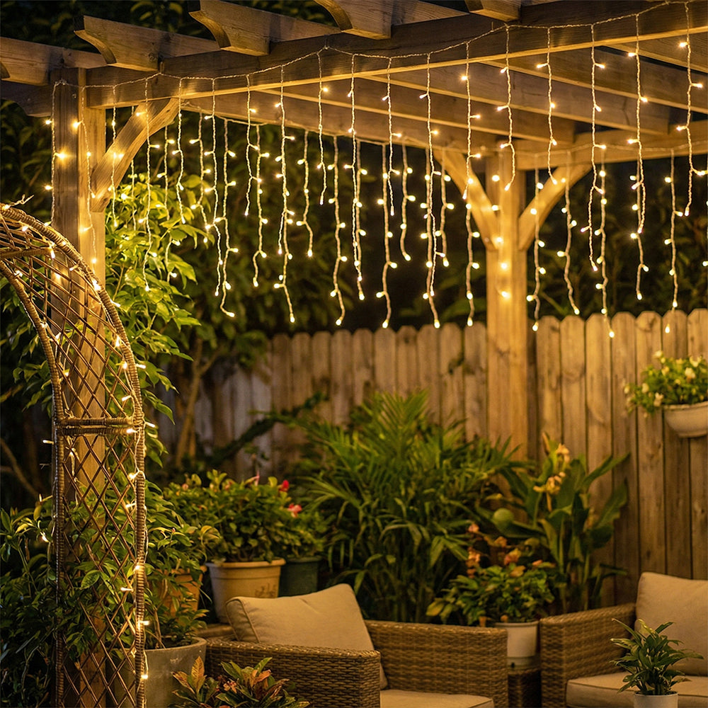Solar-Powered LED Icicle String Lights with Remote Control