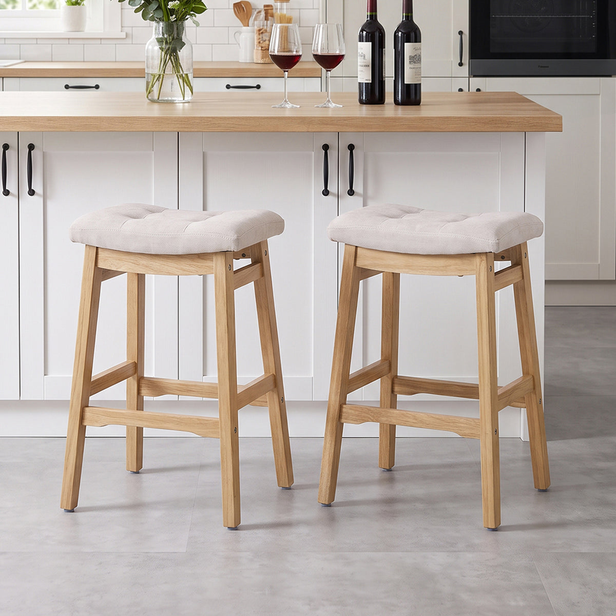Set of 2 Chenille Upholstered Bar Stools with Wooden Base