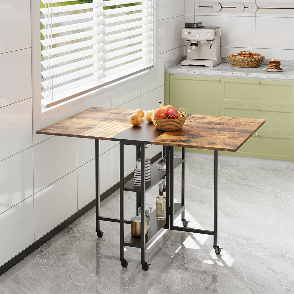 Folding Dining Table with Wheels and Storage Shelves