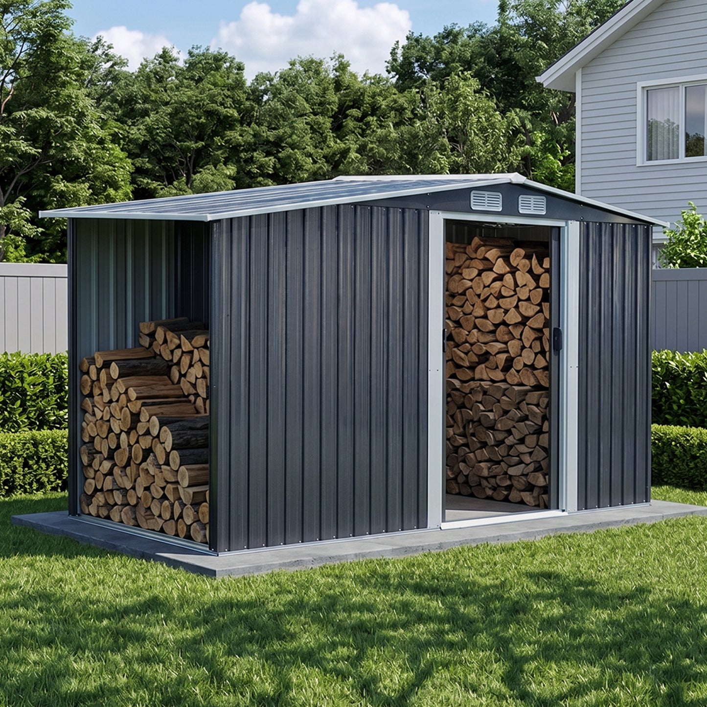 8x4ft Metal Garden Storage Shed with Log Store Apex Roof Sliding Doors