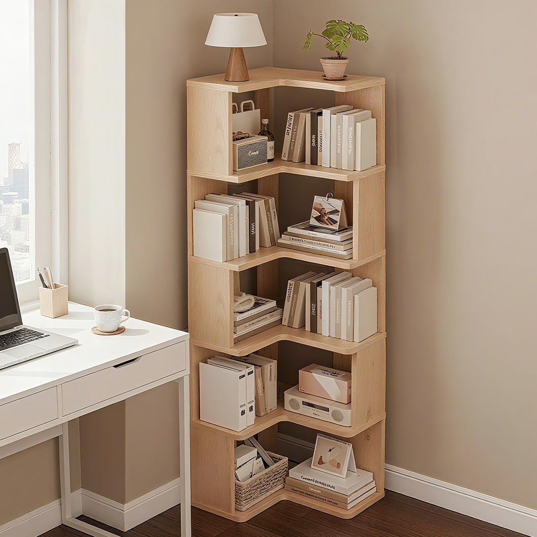 Wooden L-shaped Corner Bookshelf Storage Rack