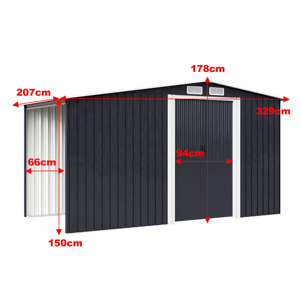 Metal Garden Storage Shed with Apex Roof & Integrated Log Store