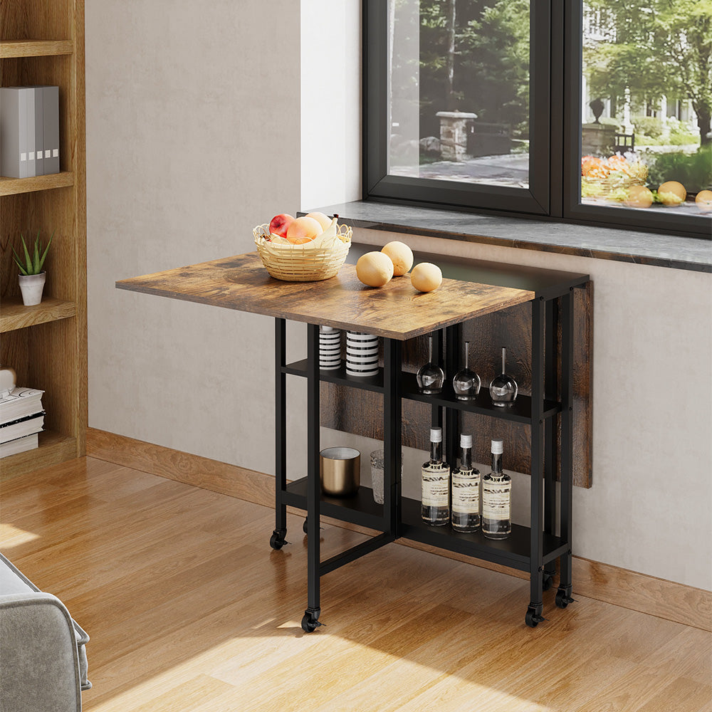 Folding Dining Table with Wheels and Storage Shelves