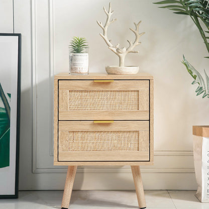2 Pack Wood and Rattan Side Cabinet