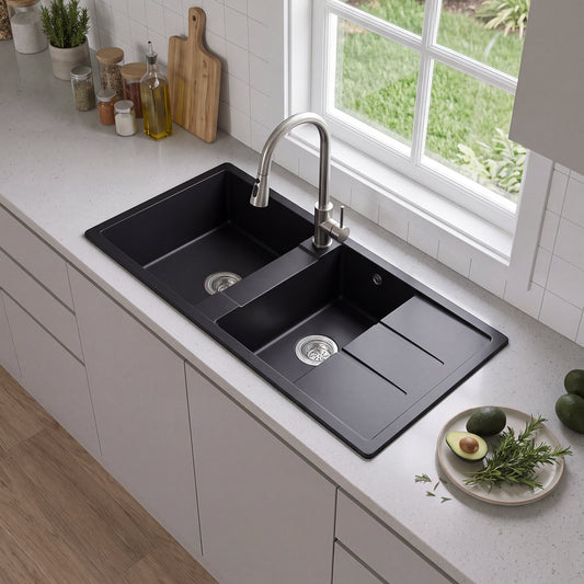 Double Bowl Quartz Resin Composite Kitchen Sink with Waste Kit