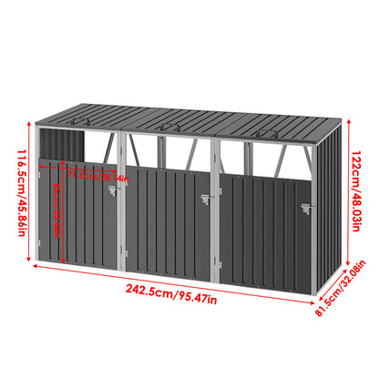 Black Metal Outdoor Garbage Bin Shed For 3 Trash Bin