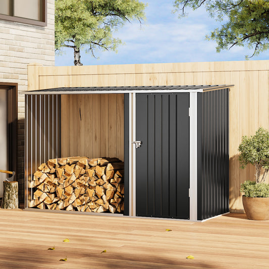 Steel Outdoor Garden Storage Shed with Log Stacking Rack