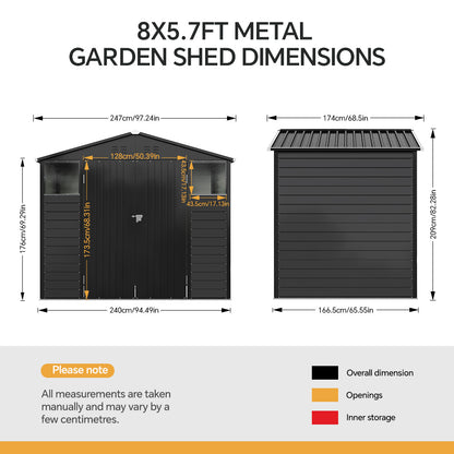 8 x 6 ft Metal Garden Storage Shed with Apex Roof & Double Doors