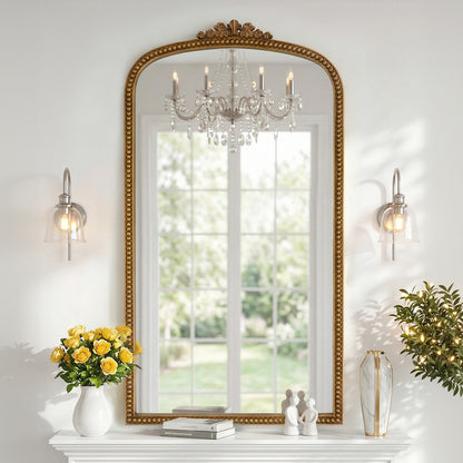 Gold Arched Decorative Vanity Mirror with Carved Frame