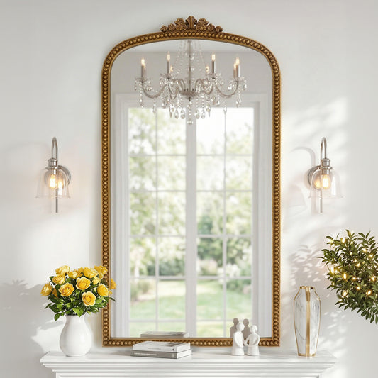 Gold Arched Decorative Vanity Mirror with Carved Frame