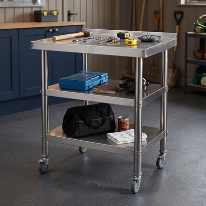 3-Tier Stainless Steel Prep Table with Smooth Castors and Adjustable Feet