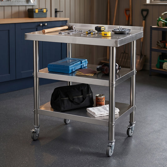 3-Tier Stainless Steel Prep Table with Smooth Castors and Adjustable Feet