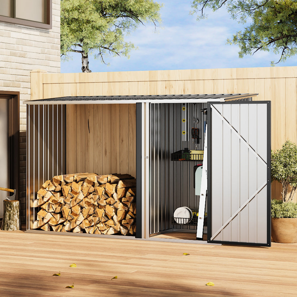 Steel Outdoor Garden Storage Shed with Log Stacking Rack