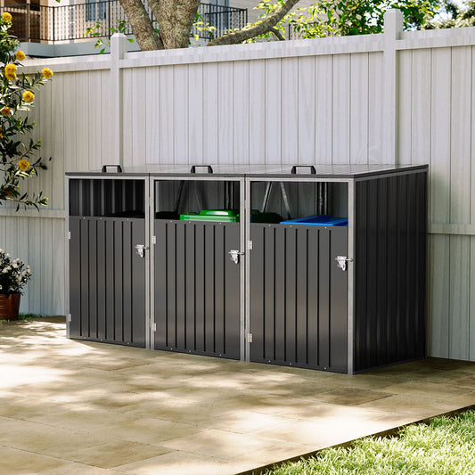 Black Metal Outdoor Garbage Bin Shed For 3 Trash Bin