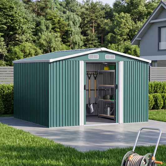 8 x 10 ft Metal Garden Storage Shed with Apex Roof & Double Doors