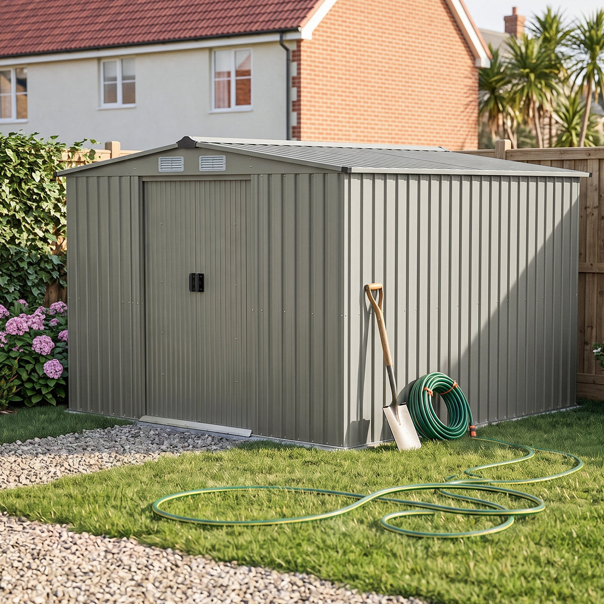 8 x 8 ft Metal Garden Storage Shed with Apex Roof & Sliding Door