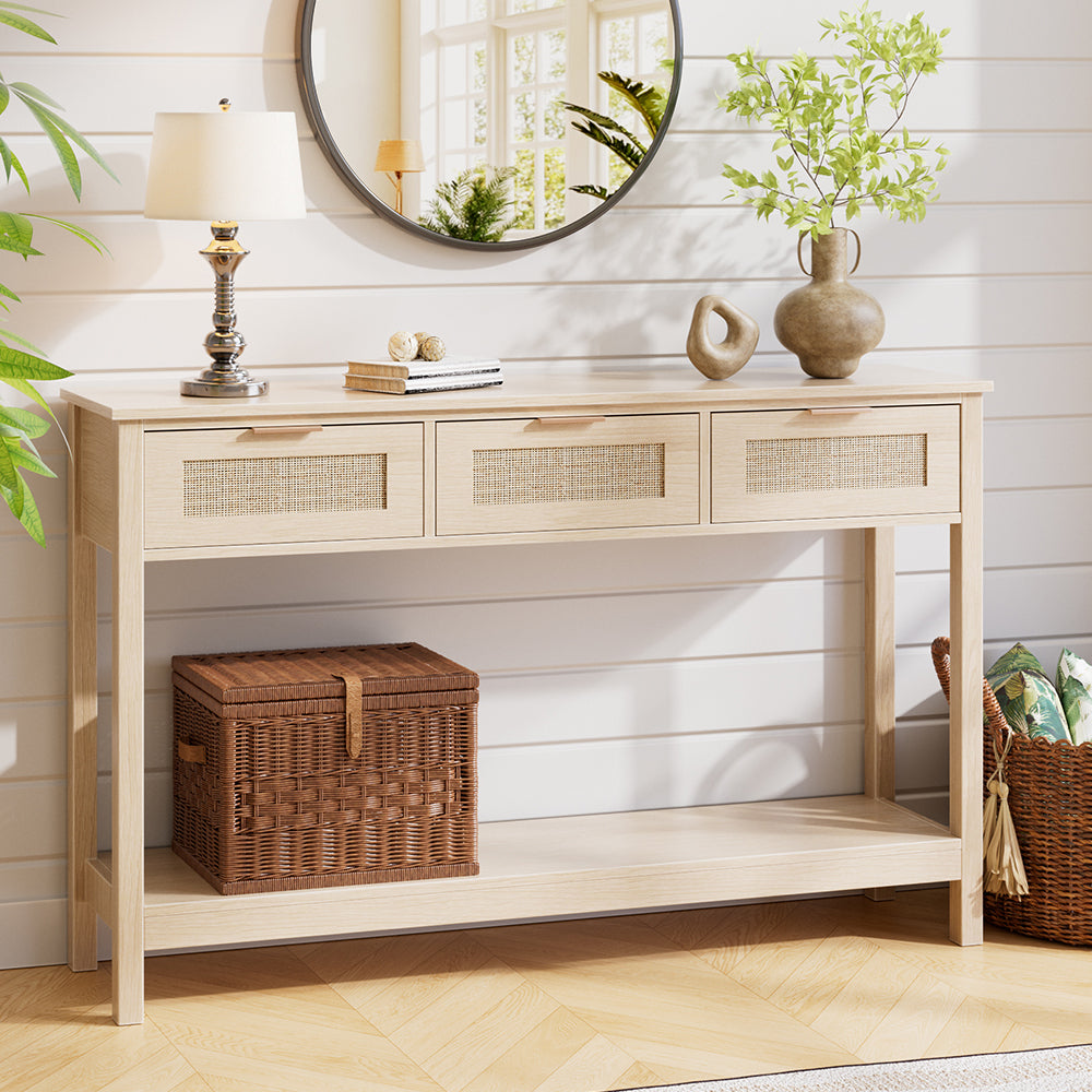 Rustic Wood Console Table with 3 Rattan Drawer