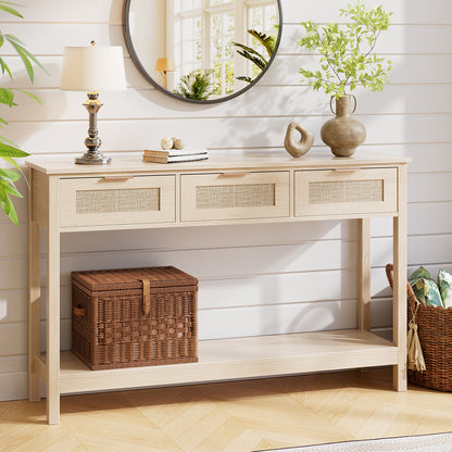 Rustic Wood Console Table with 3 Rattan Drawer