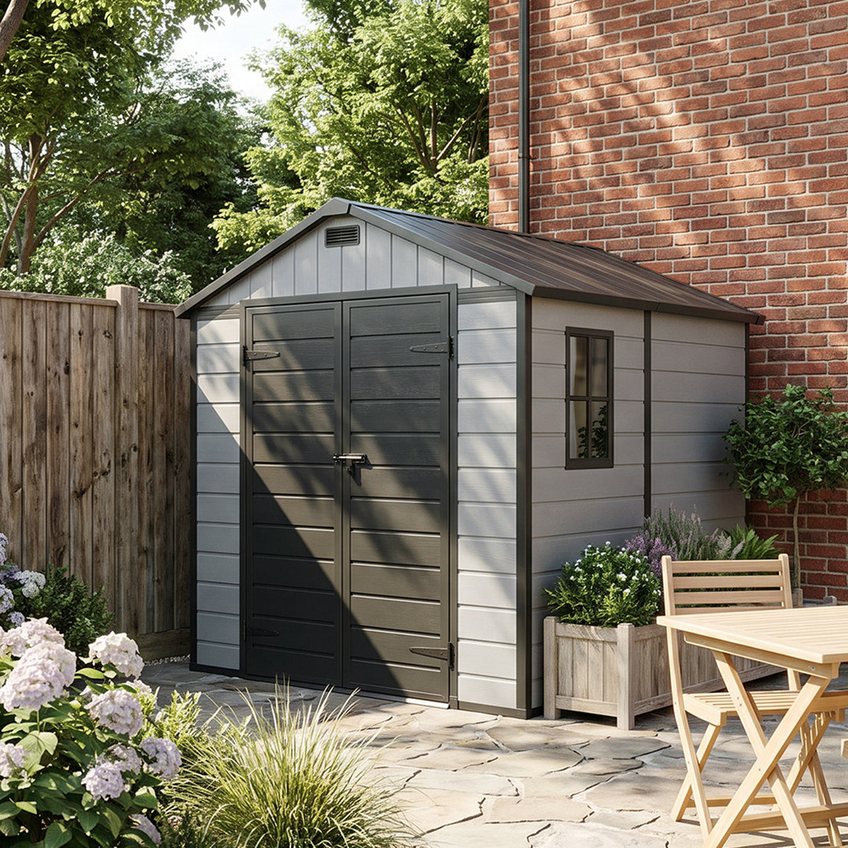 8 x 8 ft Plastic Garden Storage Shed with Apex Roof & Lockable Double Doors