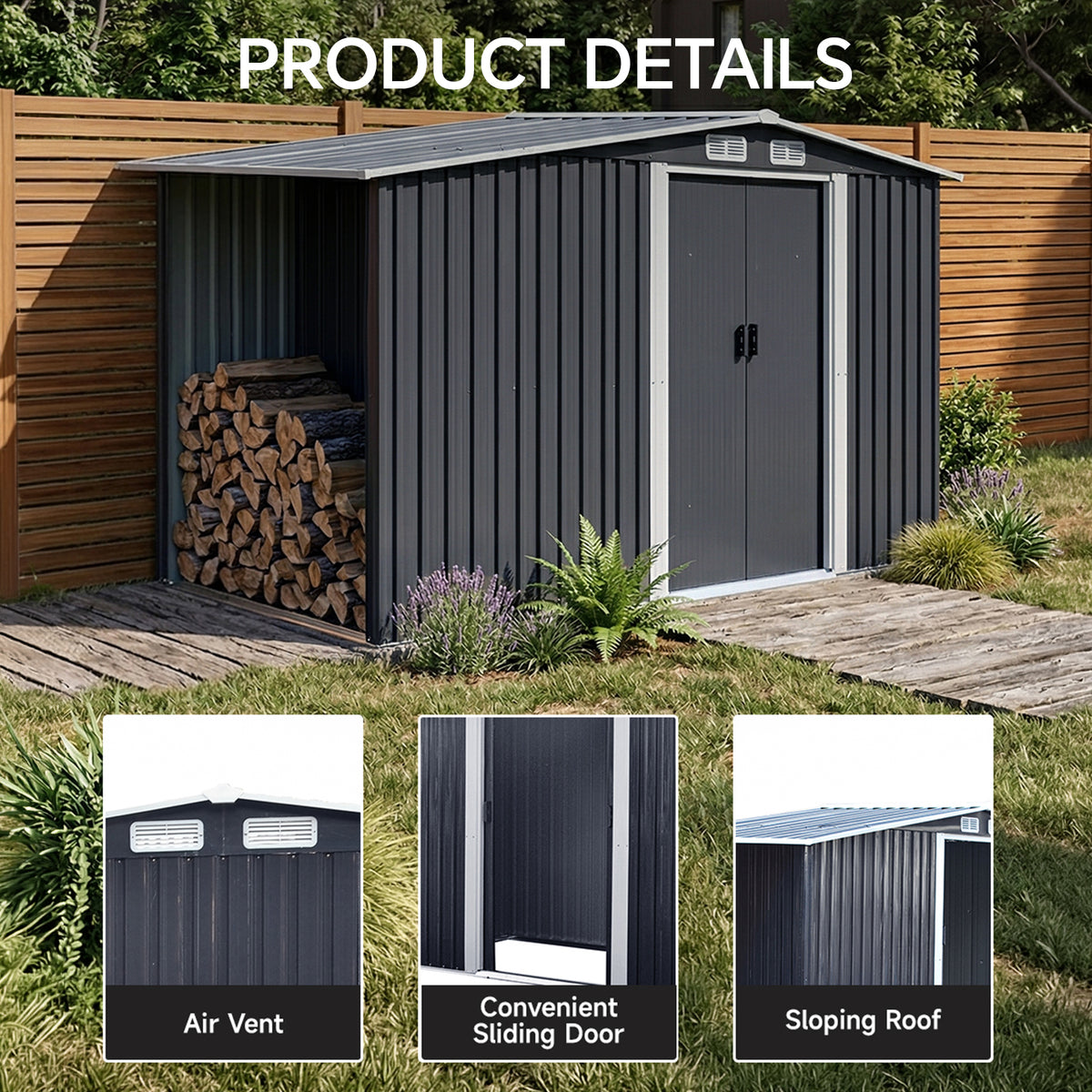 Metal Garden Storage Shed with Apex Roof & Integrated Log Store