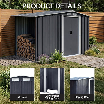 Metal Garden Storage Shed with Apex Roof & Integrated Log Store