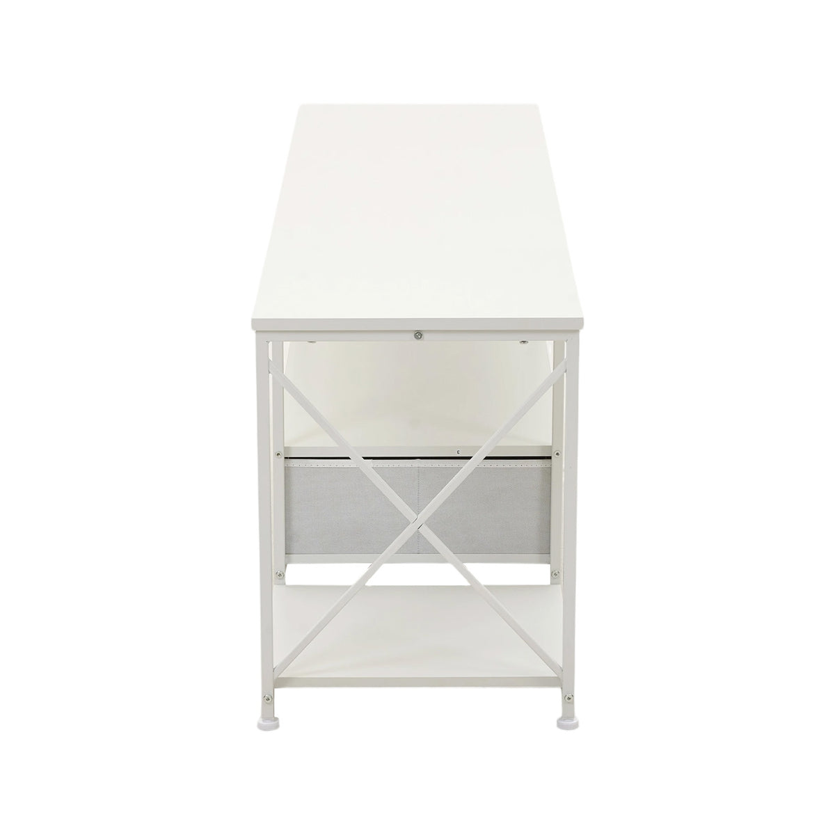 160cm White TV Stand with 2 Fabric Drawers & Open Shelves