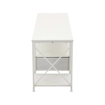 160cm White TV Stand with 2 Fabric Drawers & Open Shelves