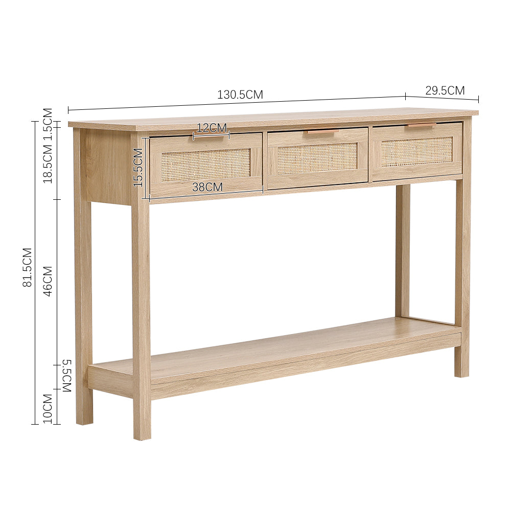 Rustic Wood Console Table with 3 Rattan Drawer