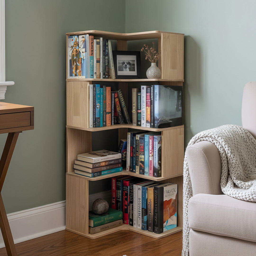 Wooden L-shaped Corner Bookshelf Storage Rack