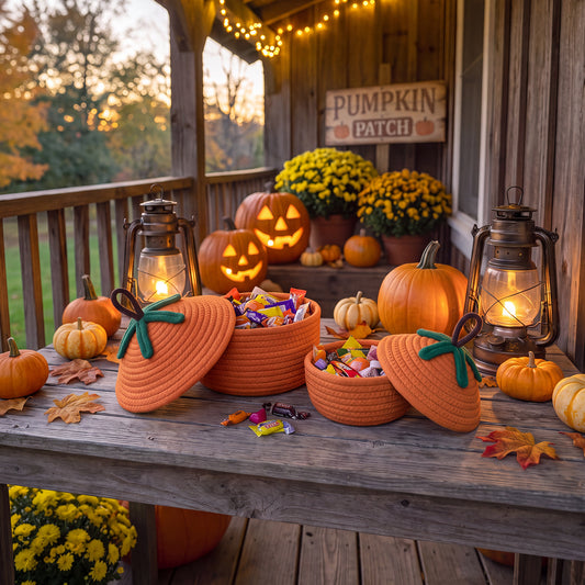 2-Piece Decorative Halloween Pumpkin Woven Baskets with Lids