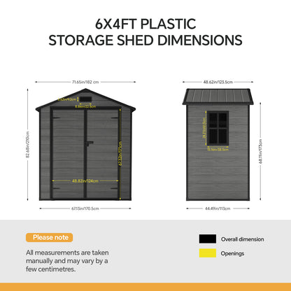 6 x 4 ft Plastic Garden Storage Shed with Apex Roof & Padlockable Double Doors