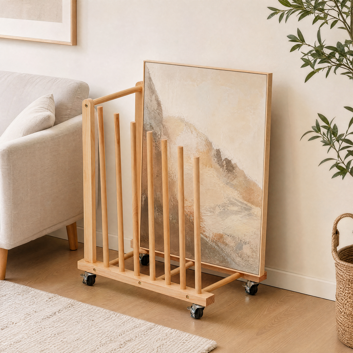 7 Slots Wooden Canvas Art Storage Rack with Castors
