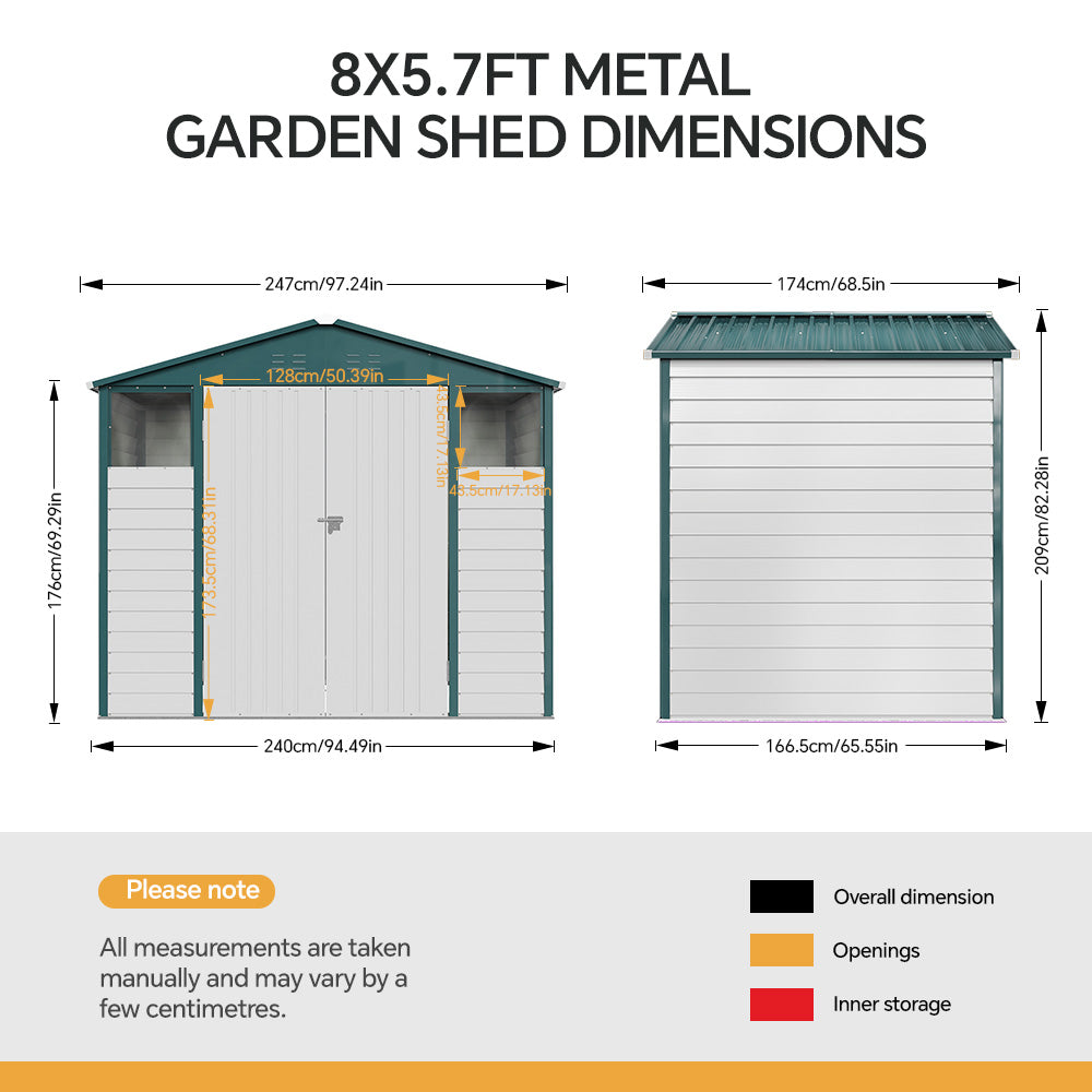 8 x 6 ft Metal Garden Storage Shed with Apex Roof & Double Doors