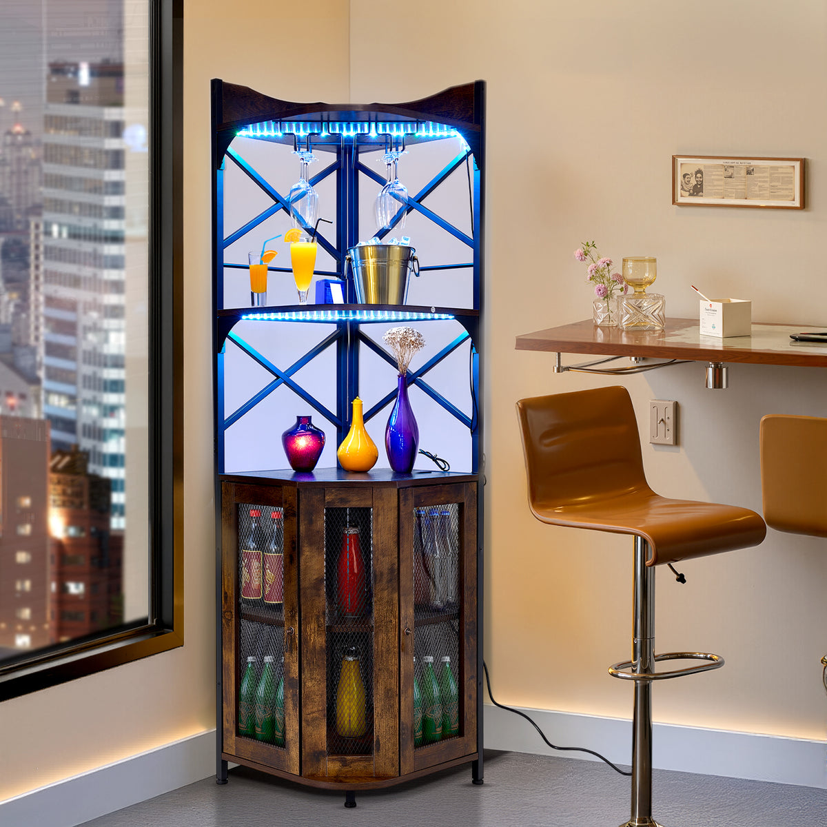5-Tier Corner Bar Cabinet with Built-in Power Outlet and LED Lights