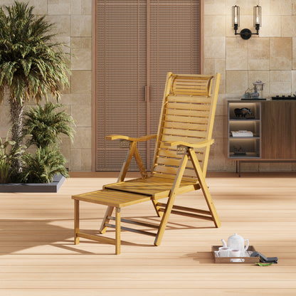 Garden Bamboo Wood Foldable Recliner Lounge Chair with Retractable Footrest