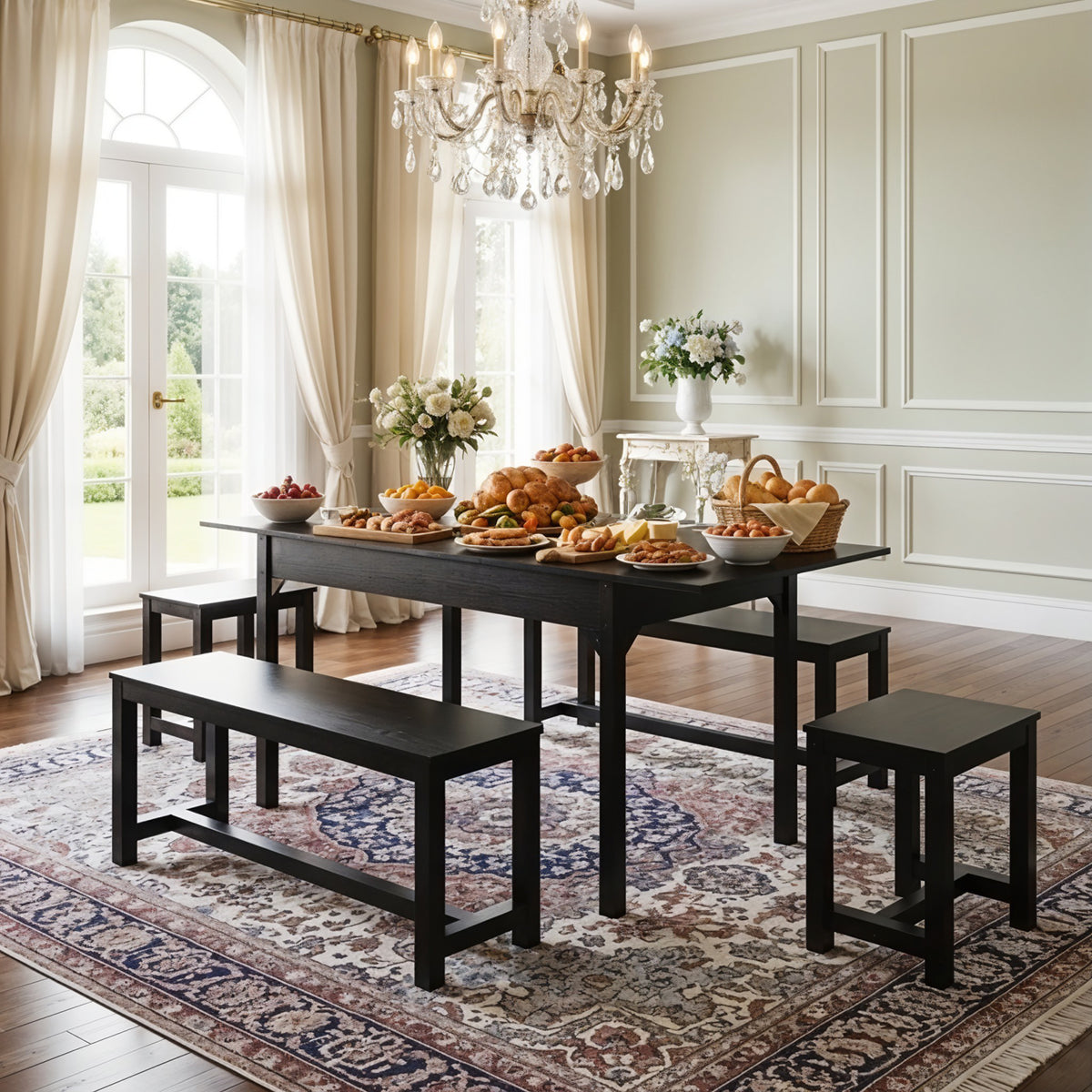 Extendable Wooden Dining Table and Chair Set