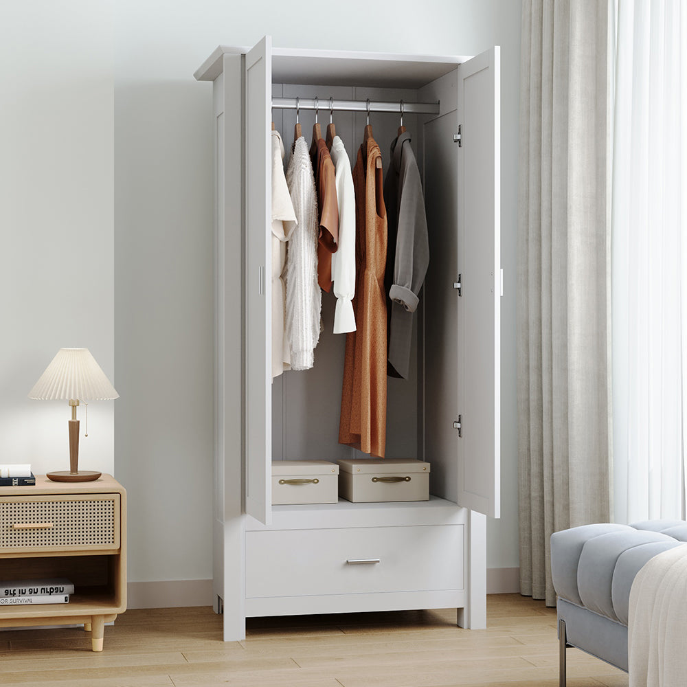 Modern Double-Door Wardrobe with Drawer & Hanging Rail