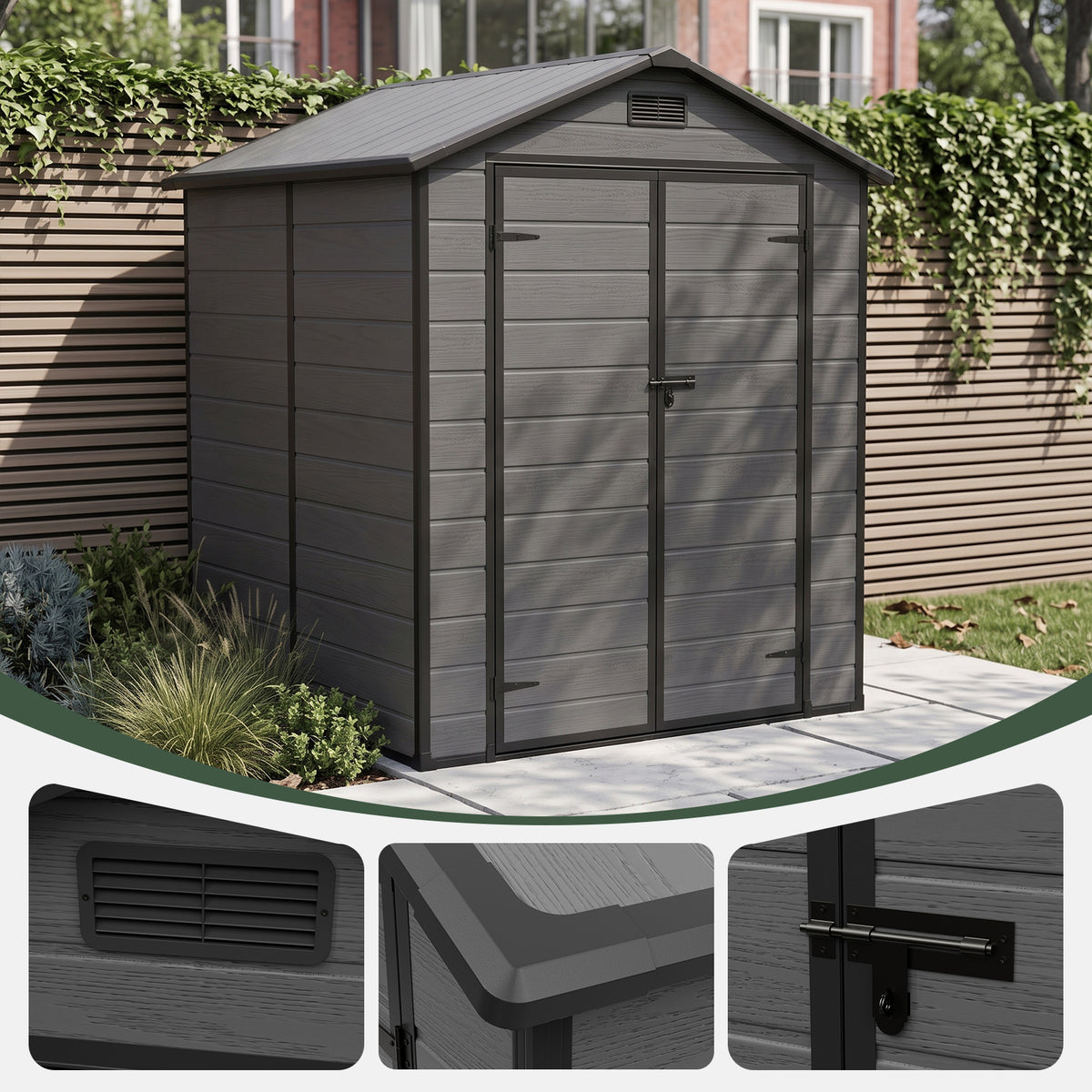 6 x 6 ft Plastic Garden Storage Shed with Apex Roof & Double Doors