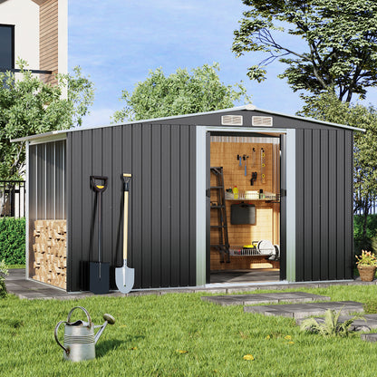 Metal Garden Storage Shed with Apex Roof & Integrated Log Store