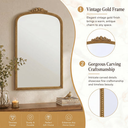 Gold Arched Decorative Vanity Mirror with Carved Frame