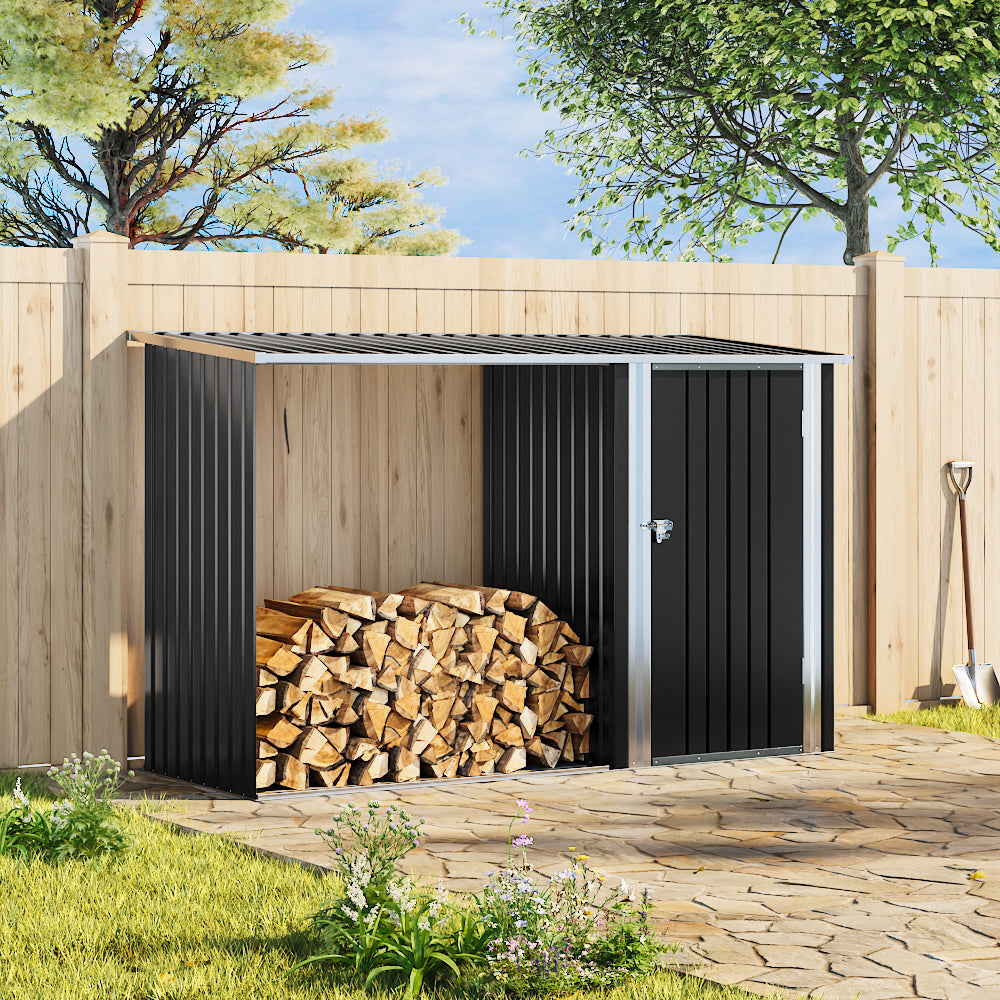 Steel Outdoor Garden Storage Shed with Log Stacking Rack