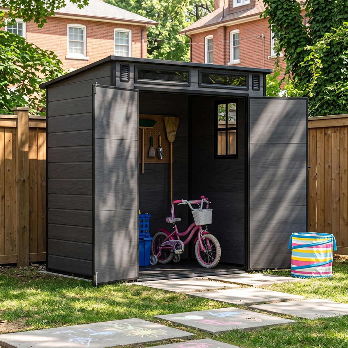 6 x 4 ft Plastic Garden Storage Shed with Pent Roof & Lockable Double Doors
